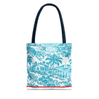 Turquoise coastal Toile Tote Bag- Palm Trees & Island Houses.