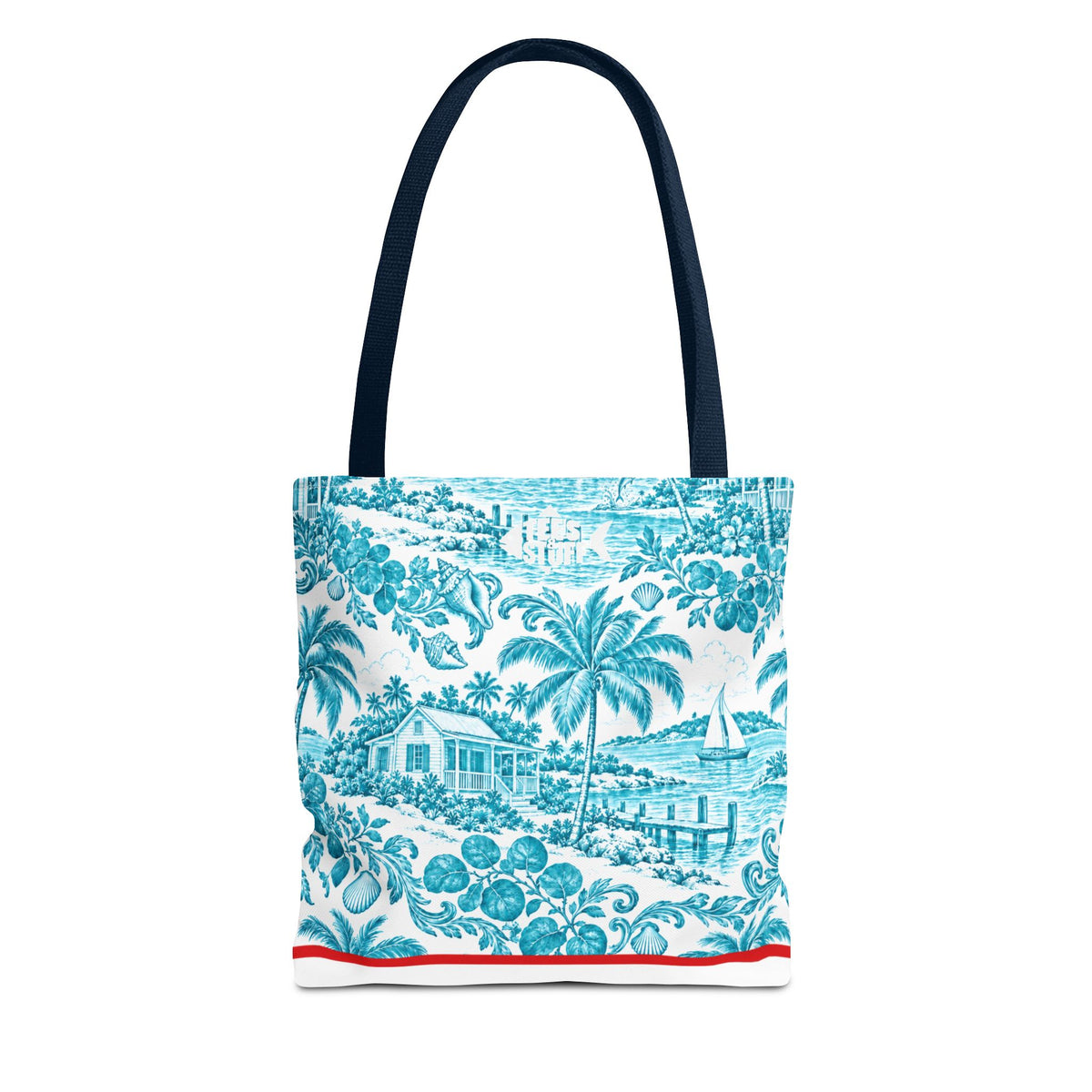 Turquoise coastal Toile Tote Bag- Palm Trees & Island Houses.