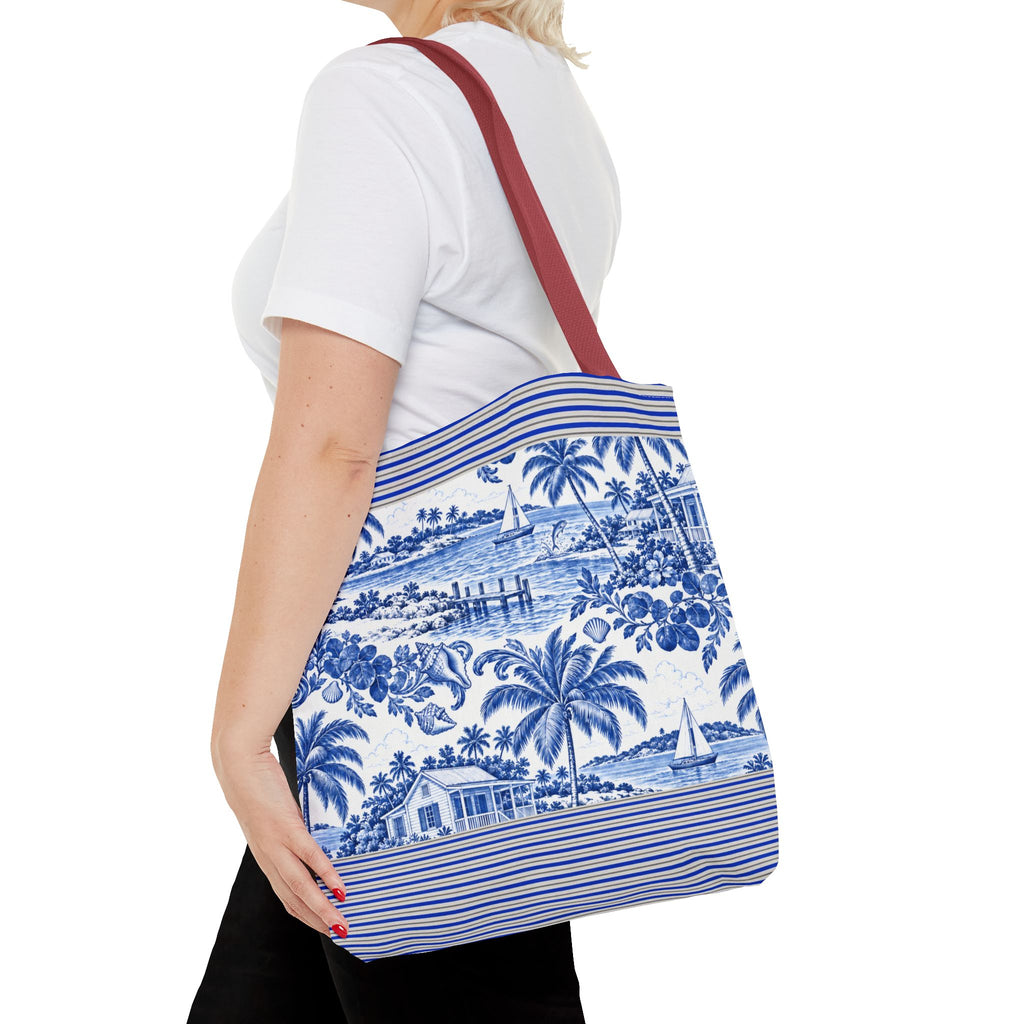 Nassau Blue Coastal Toile Tote Bag — Nautical Bahama / Palm Beach Scene All-Over Print