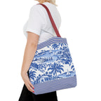 Nassau Blue Coastal Toile Tote Bag — Nautical Bahama / Palm Beach Scene All-Over Print