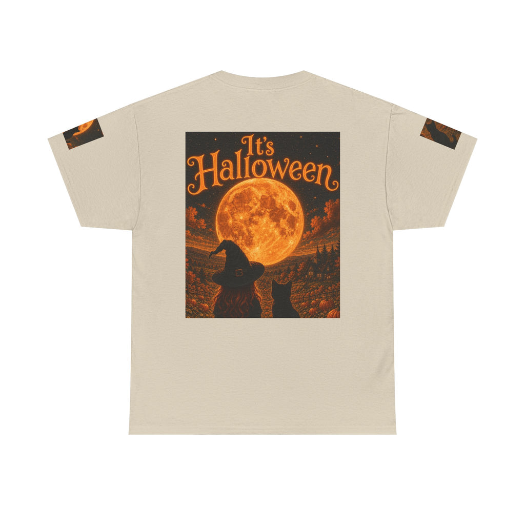 Halloween Graphic Tee — "It's Halloween" Witch & Cat Moon Design