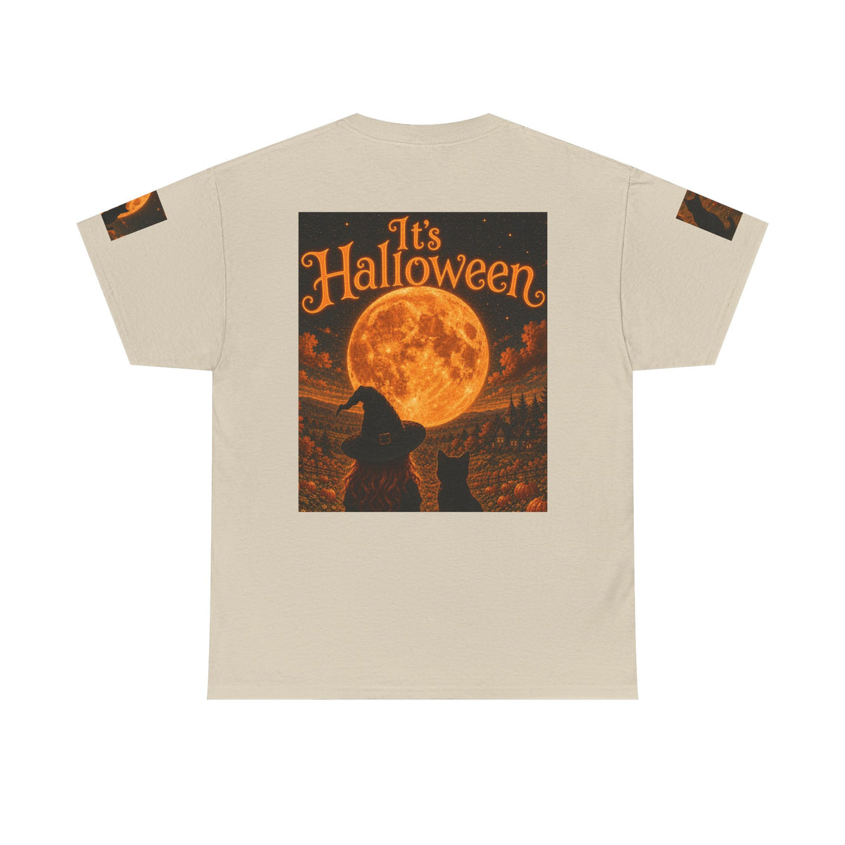 Halloween Graphic Tee — "It's Halloween" Witch & Cat Moon Design