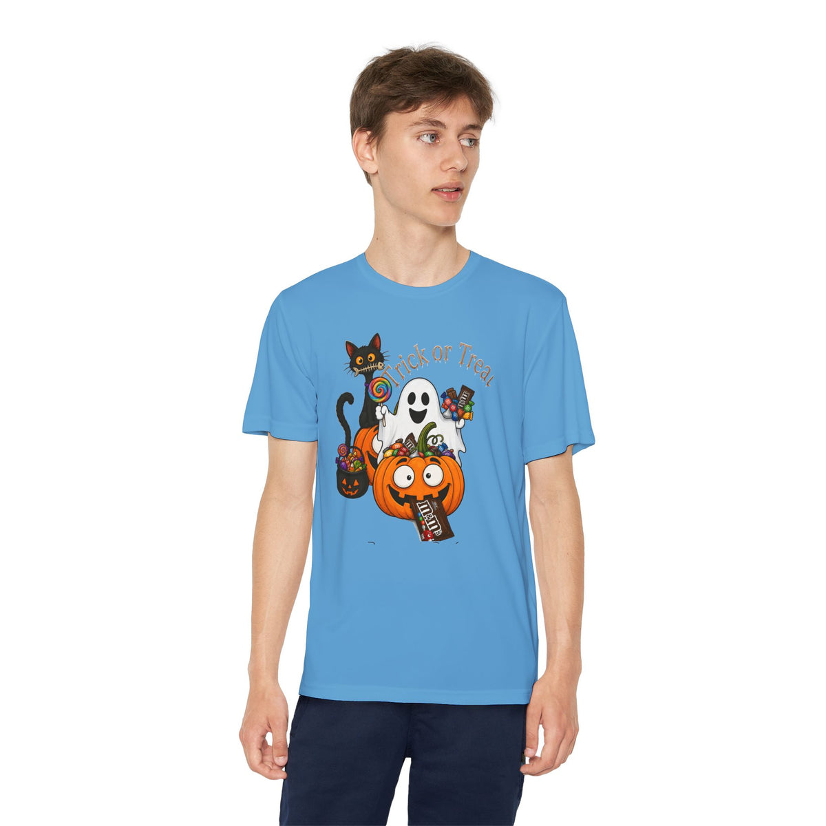 Kids Halloween Trick or Treat T-Shirt — Cute Pumpkin, Ghost & Black Cat Design