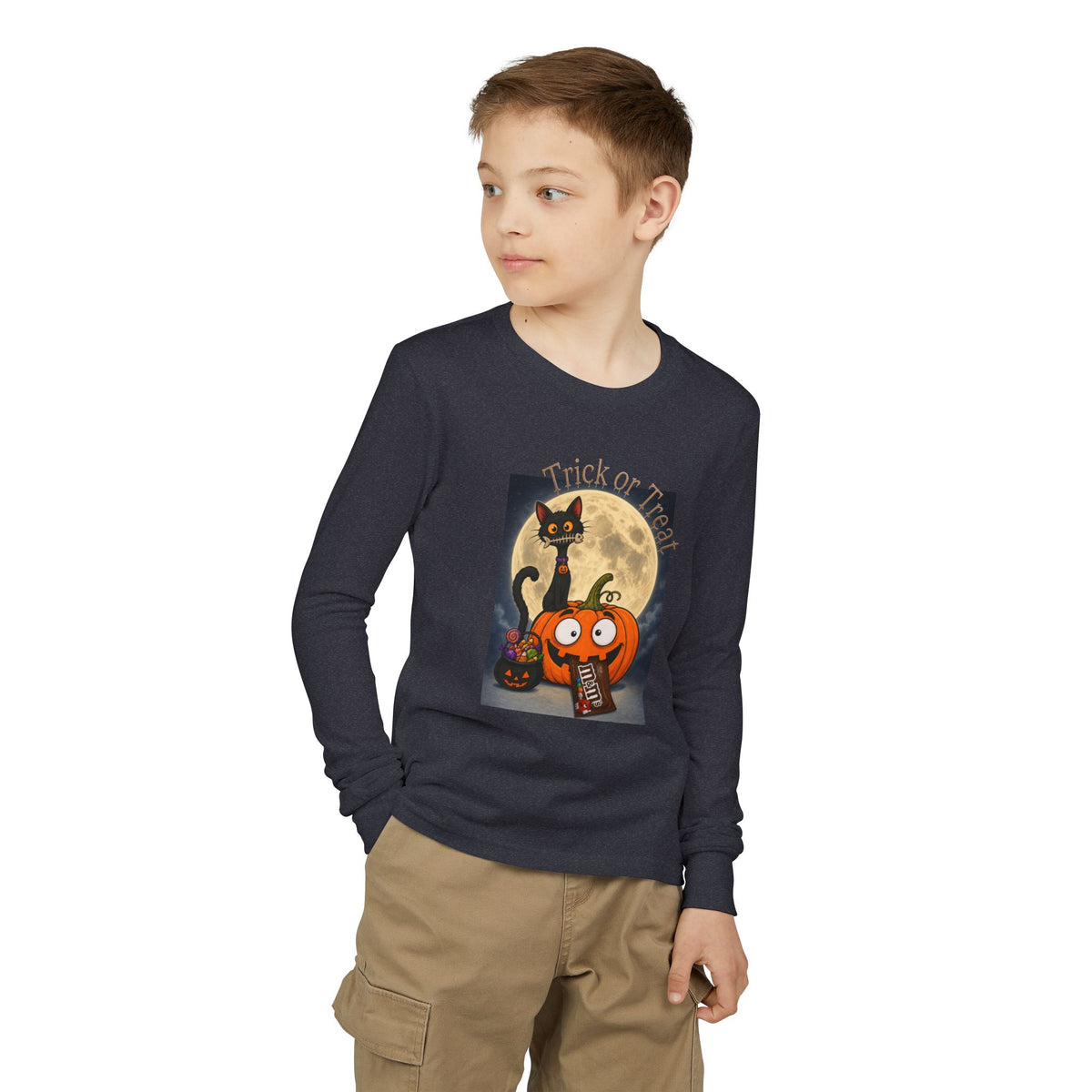 Kids' Halloween Long Sleeve Tee — 'Trick or Treat' Black Cat & Pumpkin Design