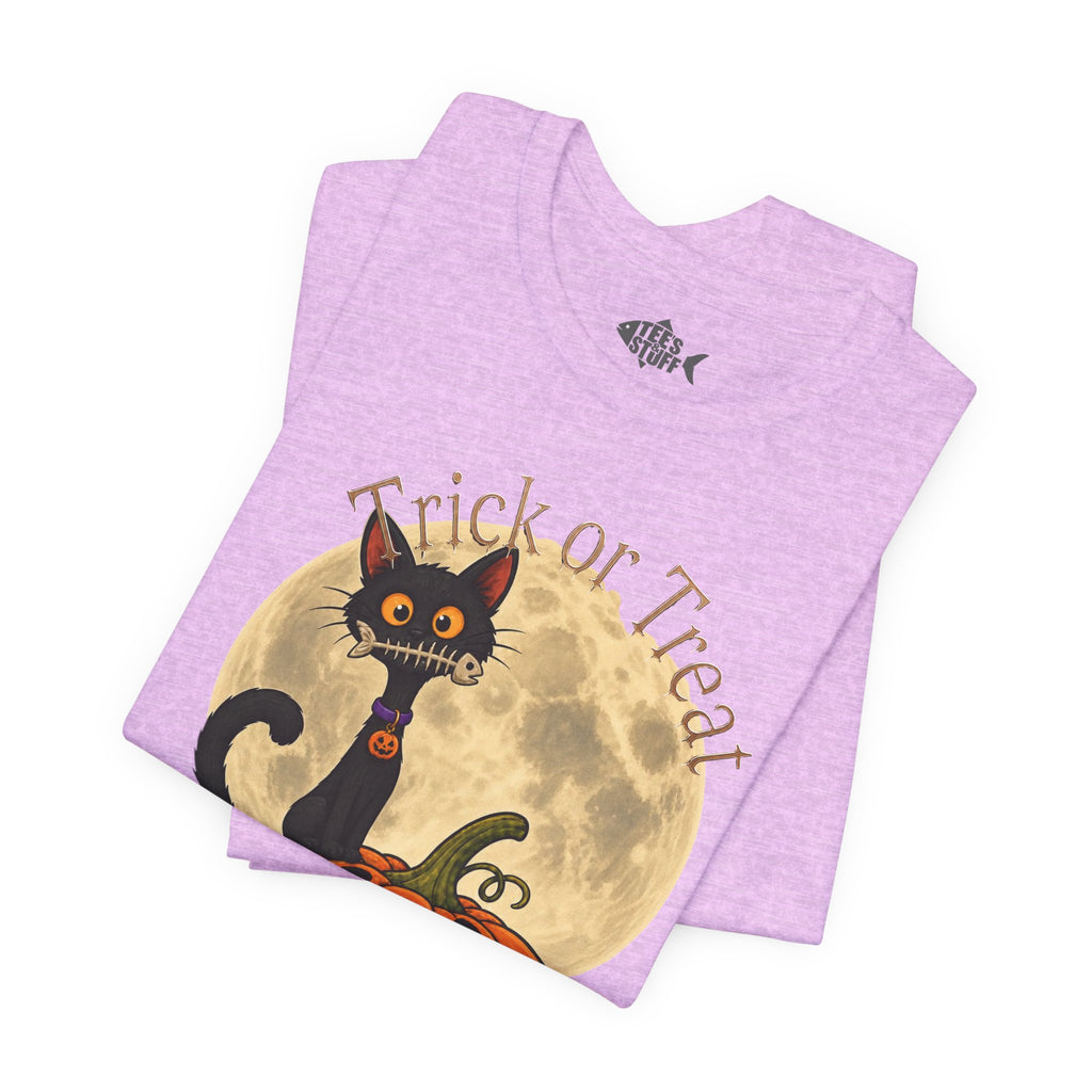 Light Purple / Back, Front, sleeve design Halloween T-shirt with a black cat orange pumpkin, full moon trick or treat candy bucket with candy and "Trick or Treat" text.