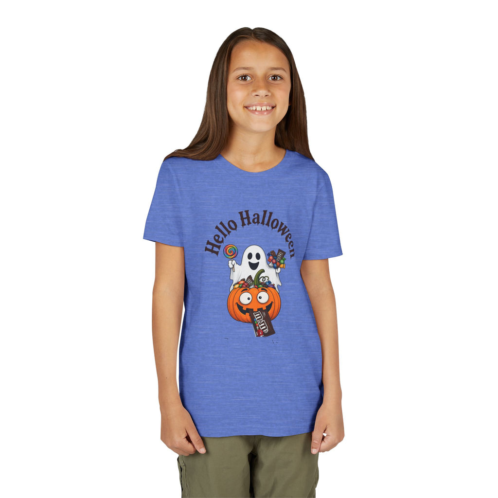 Youth Halloween Tee - "Hello Halloween" Ghost & Pumpkin Trick-or-Treat Shirt