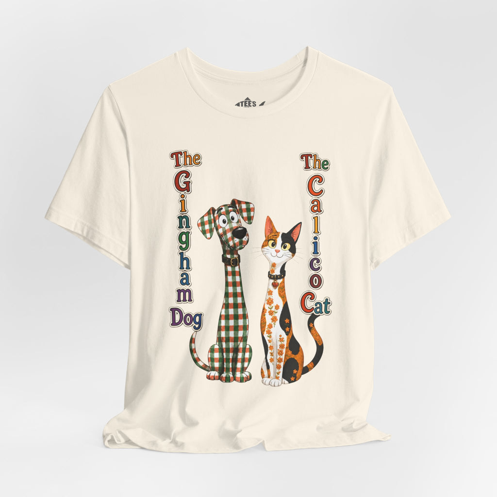 Gingham Dog & Calico Cat Tee — Plaid Pet Illustration T-Shirt