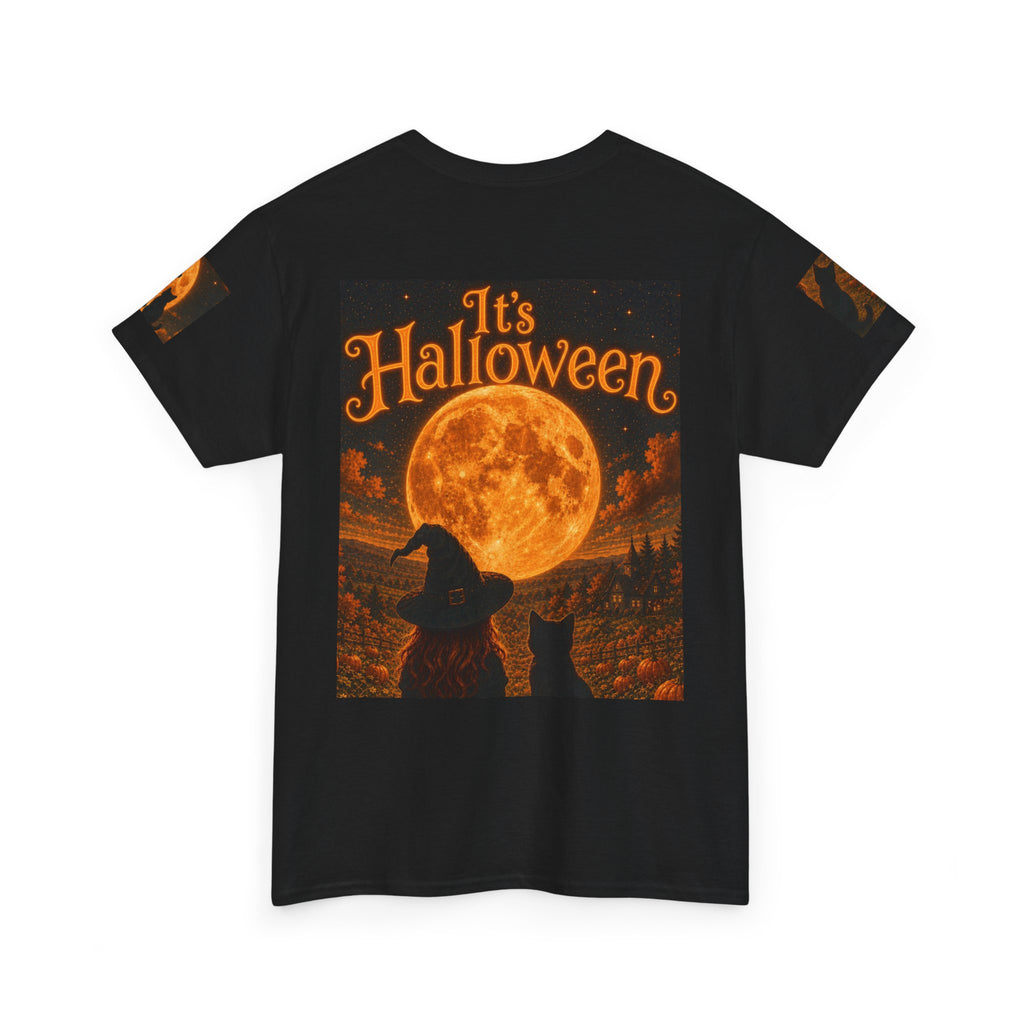 Halloween Graphic Tee — "It's Halloween" Witch & Cat Moon Design