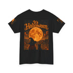 Halloween Graphic Tee — "It's Halloween" Witch & Cat Moon Design