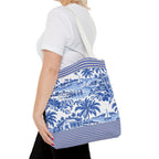 Nassau Blue Coastal Toile Tote Bag — Nautical Bahama / Palm Beach Scene All-Over Print