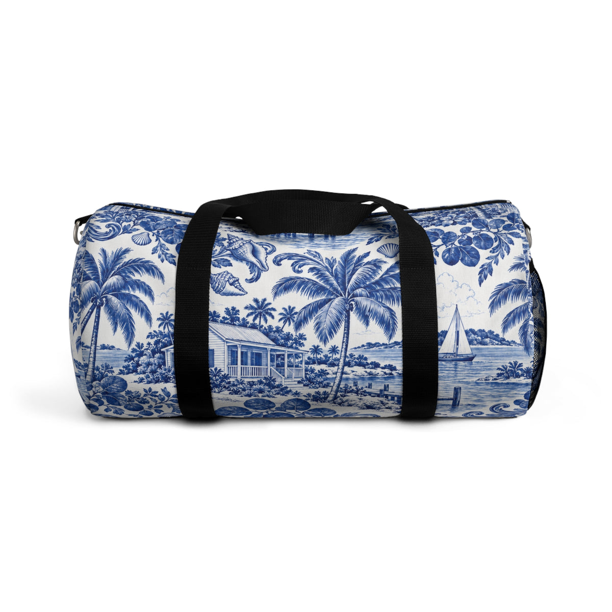 Tropical Blue Toile Duffel Bag — Coastal Palm & Sailboat Weekend Bag