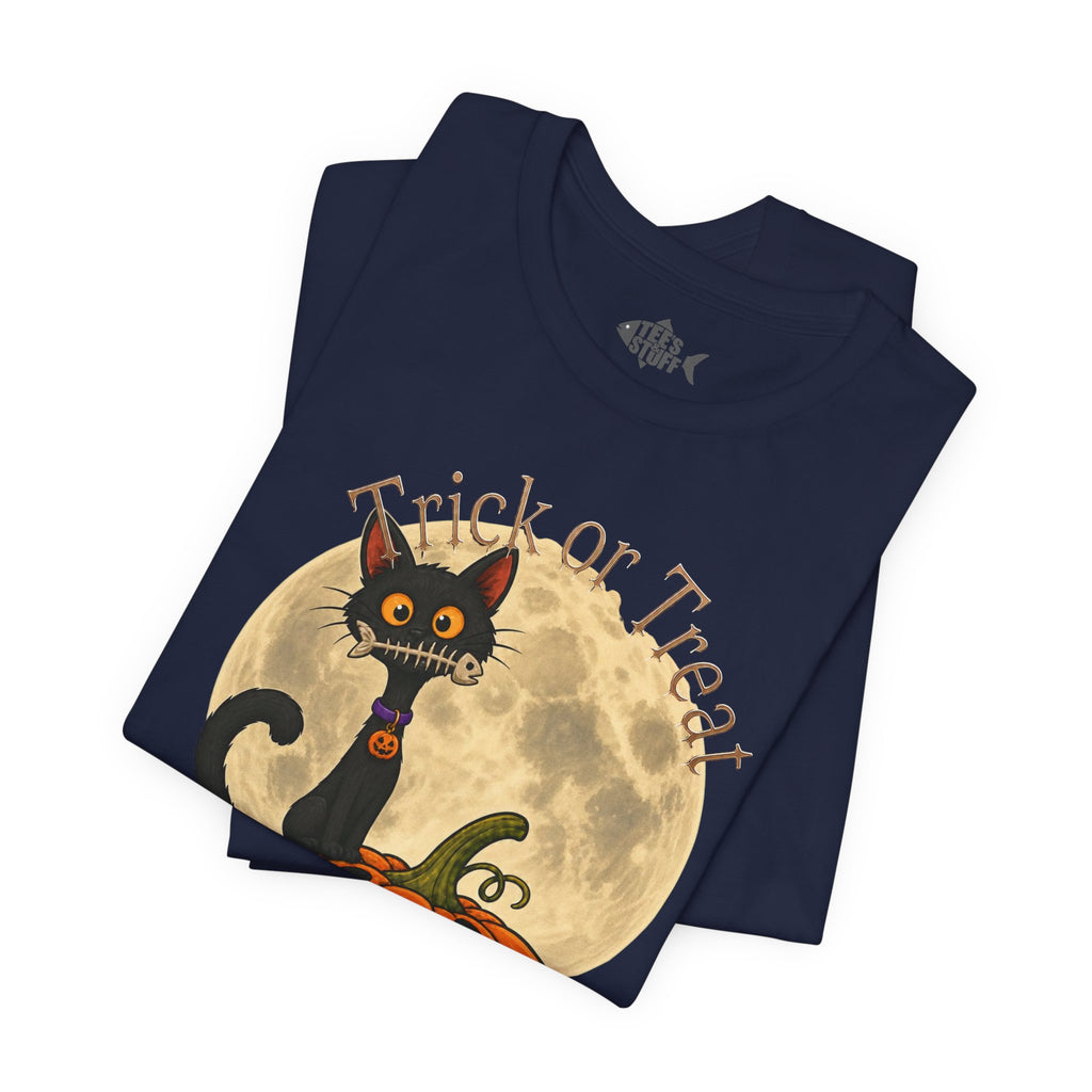 Navy Blue Folded / Back, Front, sleeve design, Halloween T-shirt with a black cat orange pumpkin, full moon trick or treat candy bucket with candy and "Trick or Treat" text.