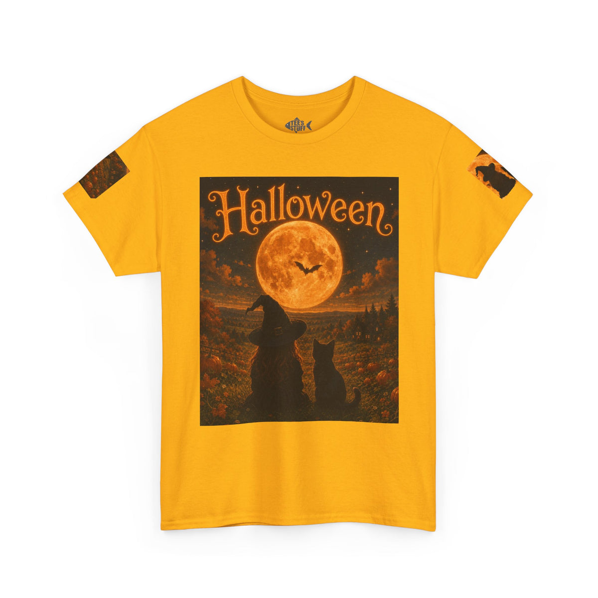 Halloween Graphic Tee — "It's Halloween" Witch & Cat Moon Design