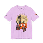 Light Purple/ / Back, Front, sleeve design, Halloween T-shirt with a black cat orange pumpkin, full moon trick or treat candy bucket with candy and "Trick or Treat" text.