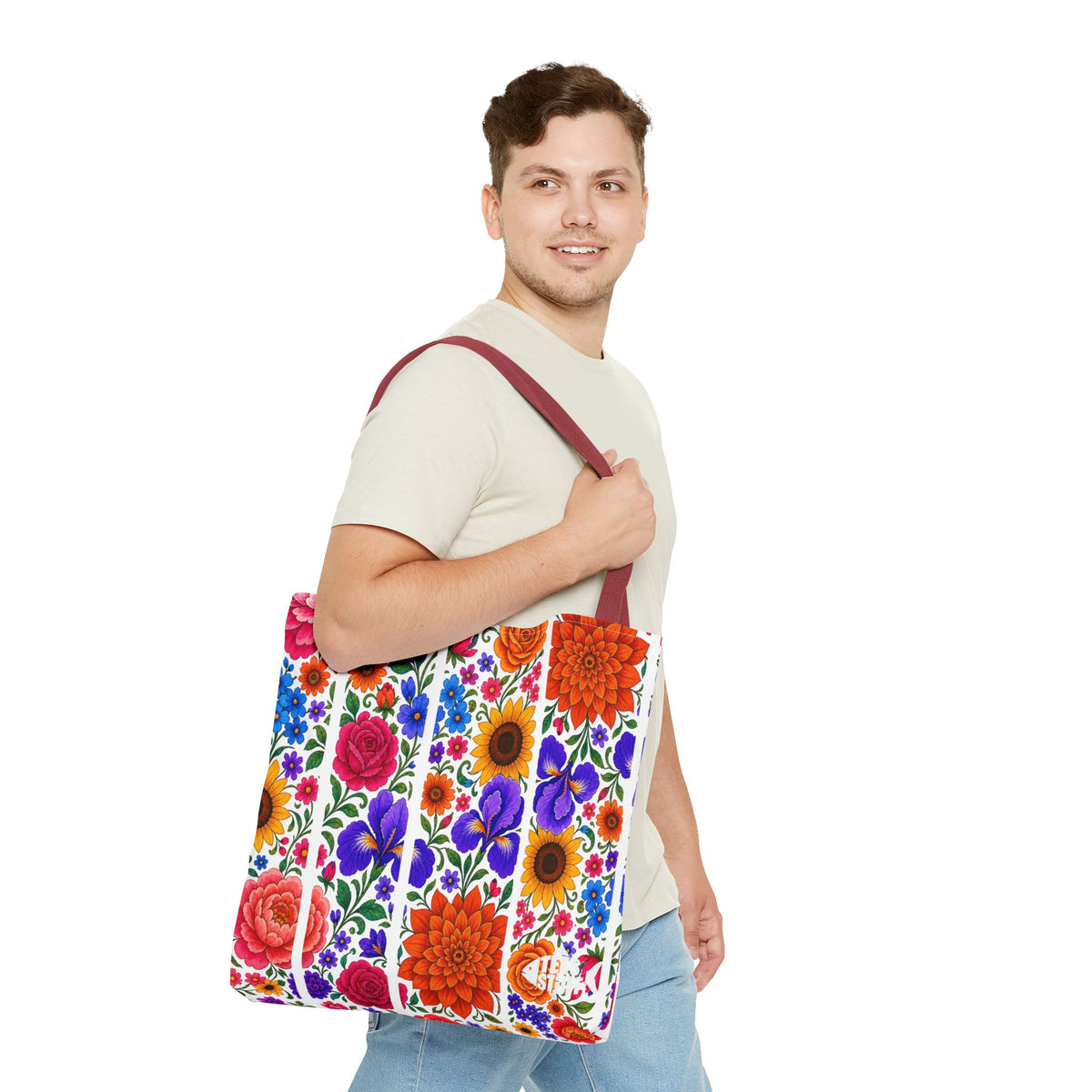 Floral Stripe Tote Bag — Bright Mexican Folk Art Flowers AOP