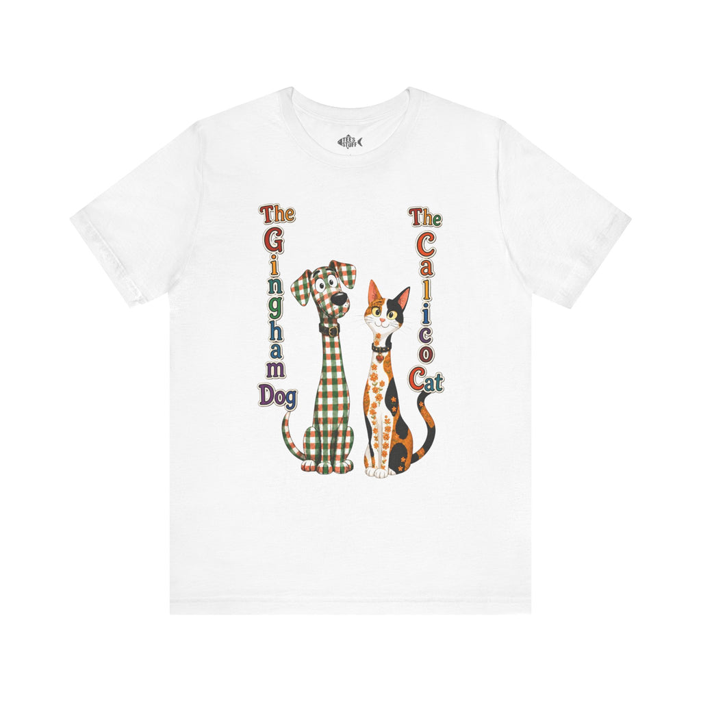 Gingham Dog & Calico Cat Tee — Plaid Pet Illustration T-Shirt