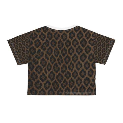 Brown Ikat Print Crop Tee — Tribal Boho Patterned Women's Crop Top