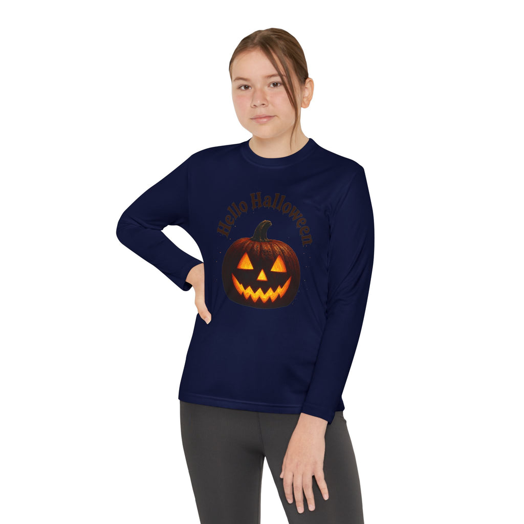 Youth Long Sleeve Tee - 'Hello Halloween' Jack-o'-Lantern Pumpkin Shirt