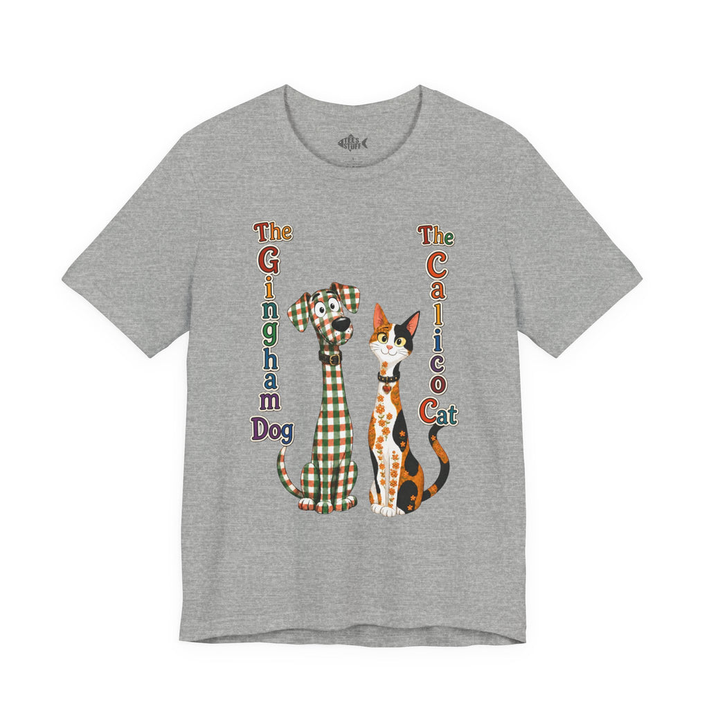 Gingham Dog & Calico Cat Tee — Plaid Pet Illustration T-Shirt