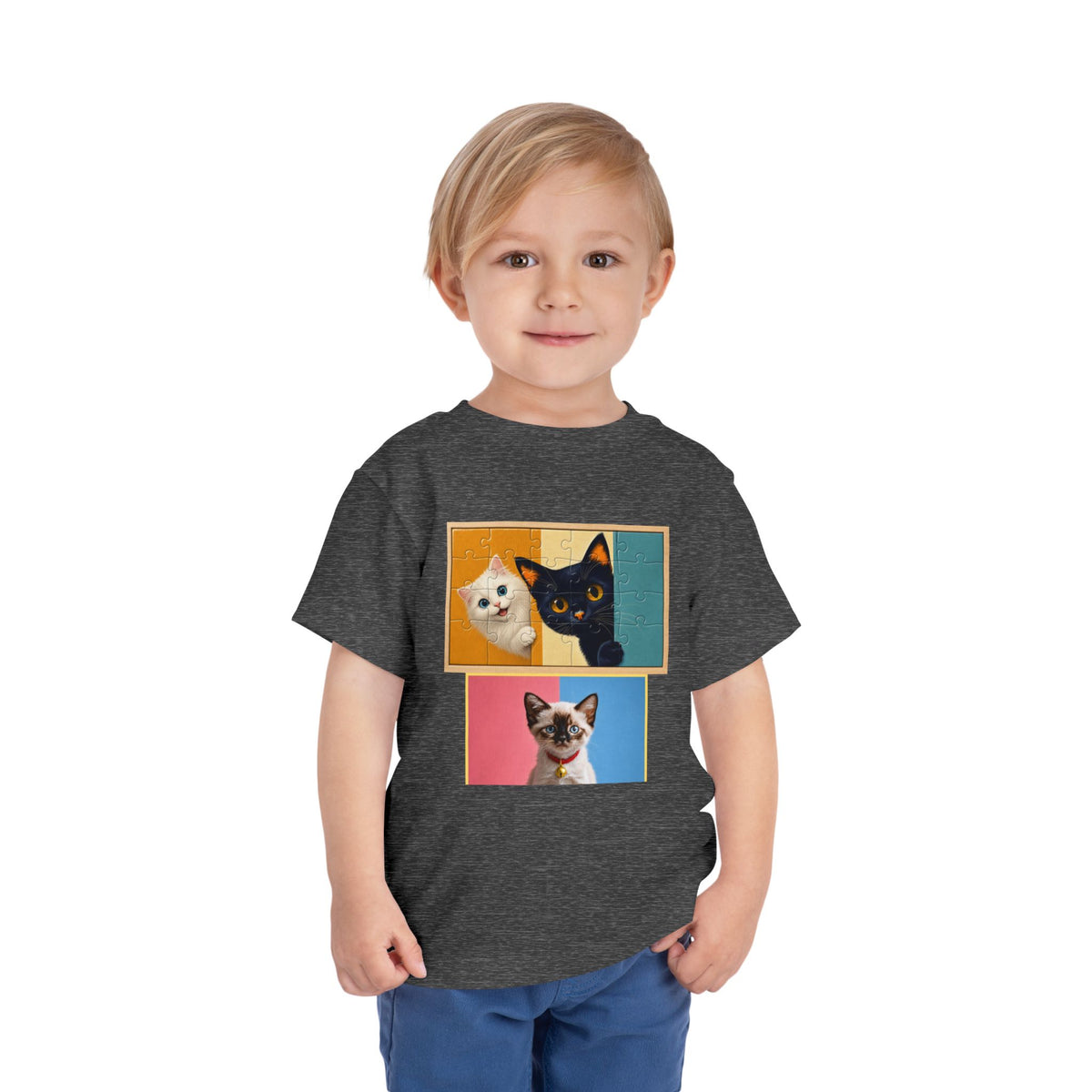 Toddler Cat Portrait Tee — Color Block Kittens Short Sleeve