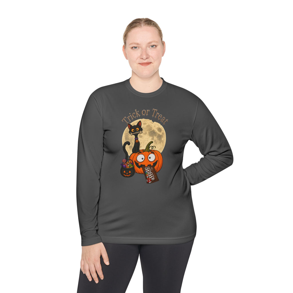Halloween Pumpkin & Black Cat Long Sleeve Tee — "Trick or Treat / Hello Halloween"