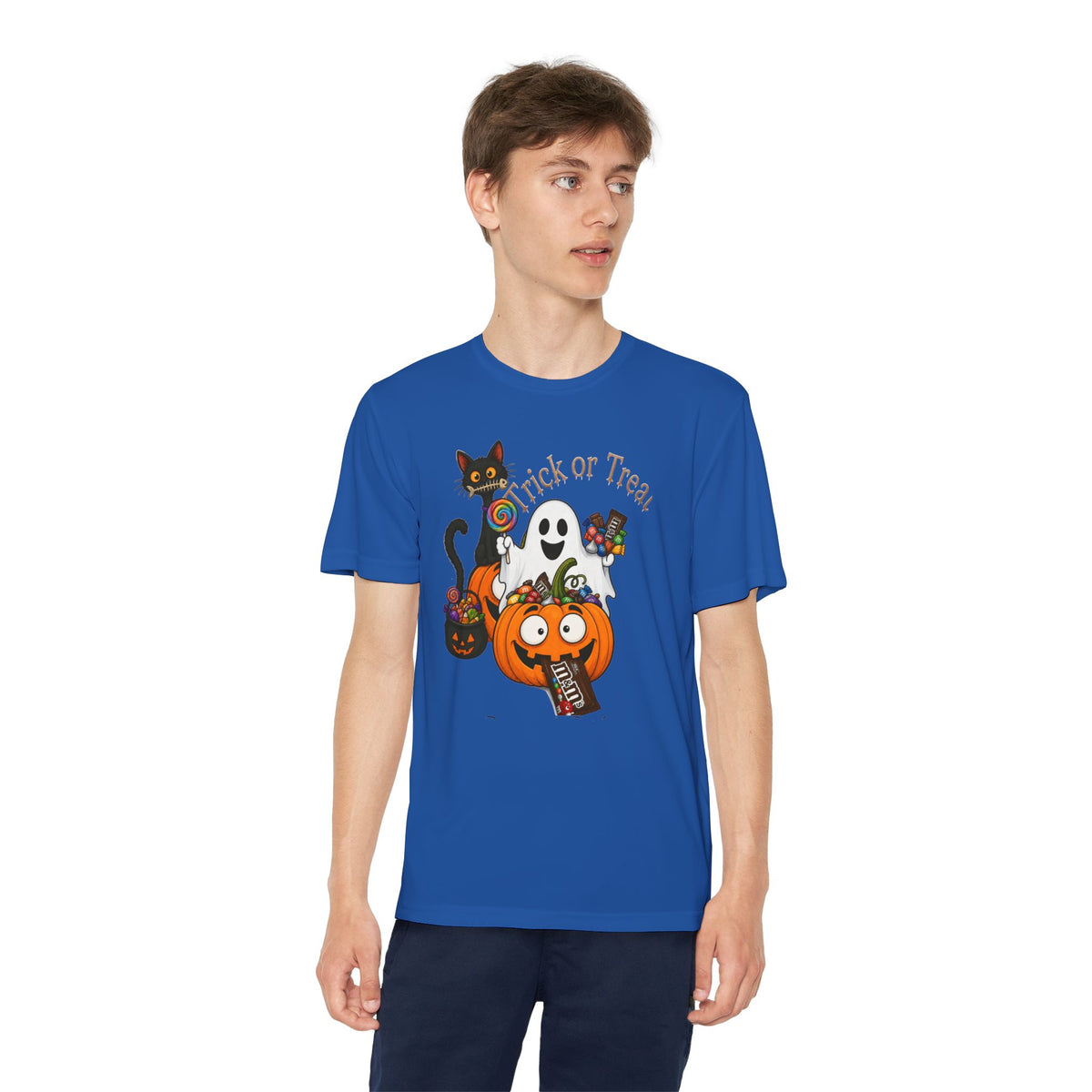 Kids Halloween Trick or Treat T-Shirt — Cute Pumpkin, Ghost & Black Cat Design