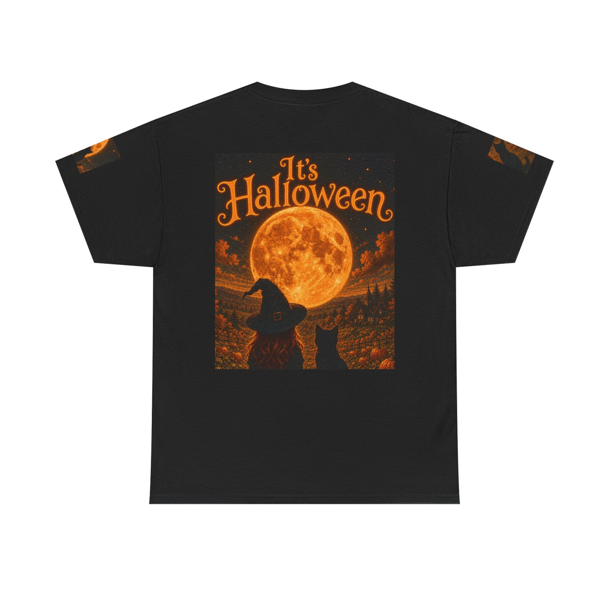 Halloween Graphic Tee — "It's Halloween" Witch & Cat Moon Design