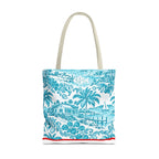 Turquoise coastal Toile Tote Bag- Palm Trees & Island Houses.