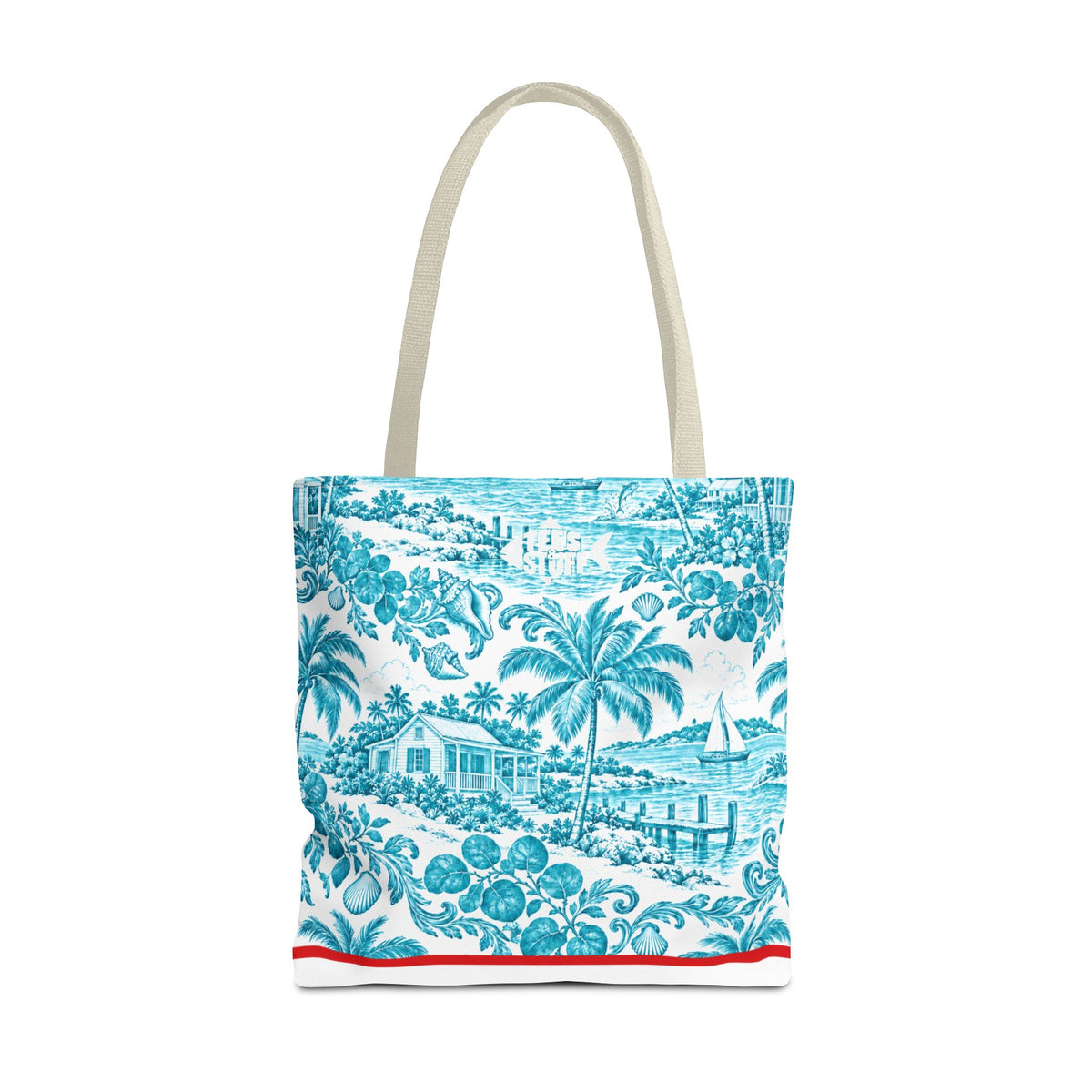 Turquoise coastal Toile Tote Bag- Palm Trees & Island Houses.