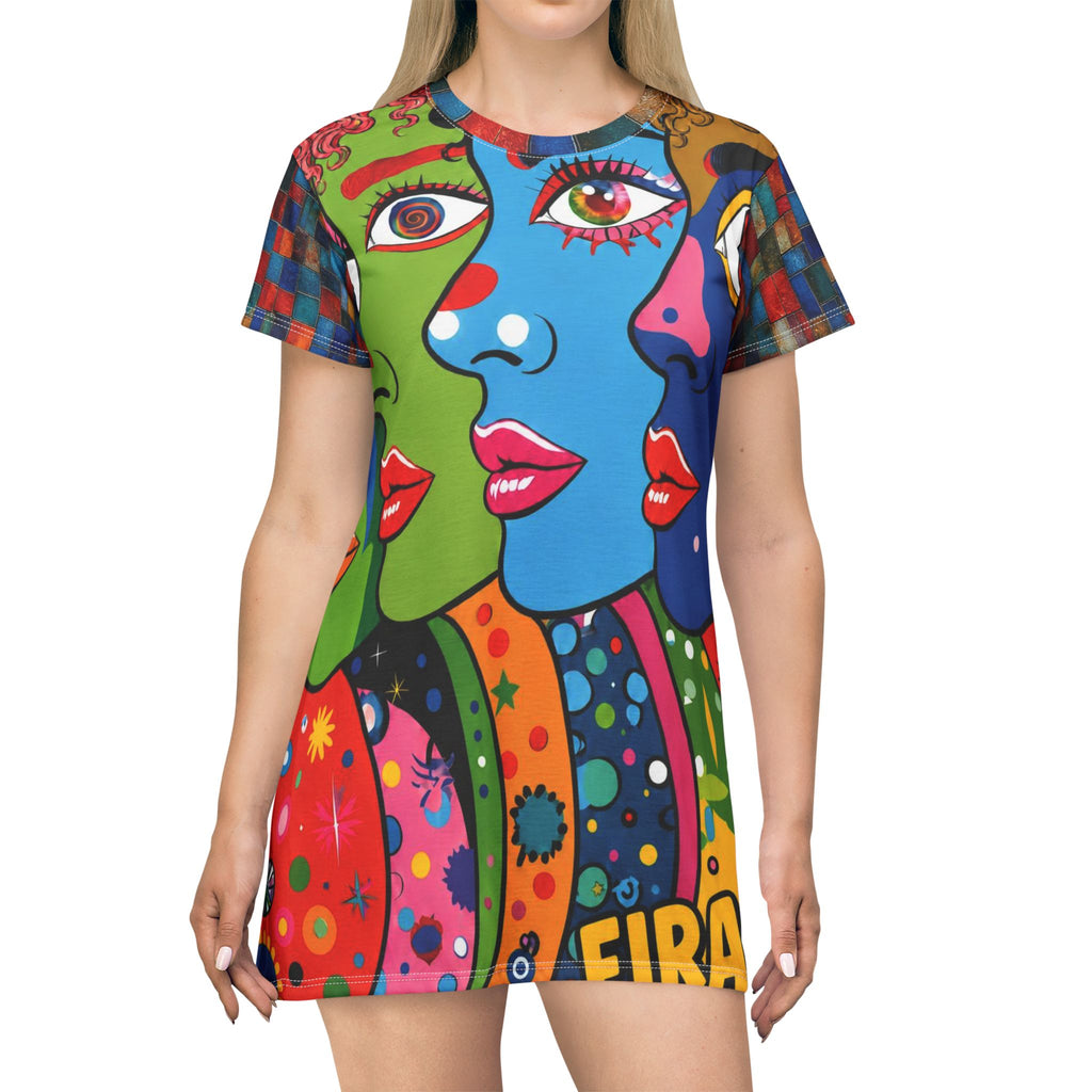 Artsy Colorful Pop‑Art Faces T‑Shirt Dress