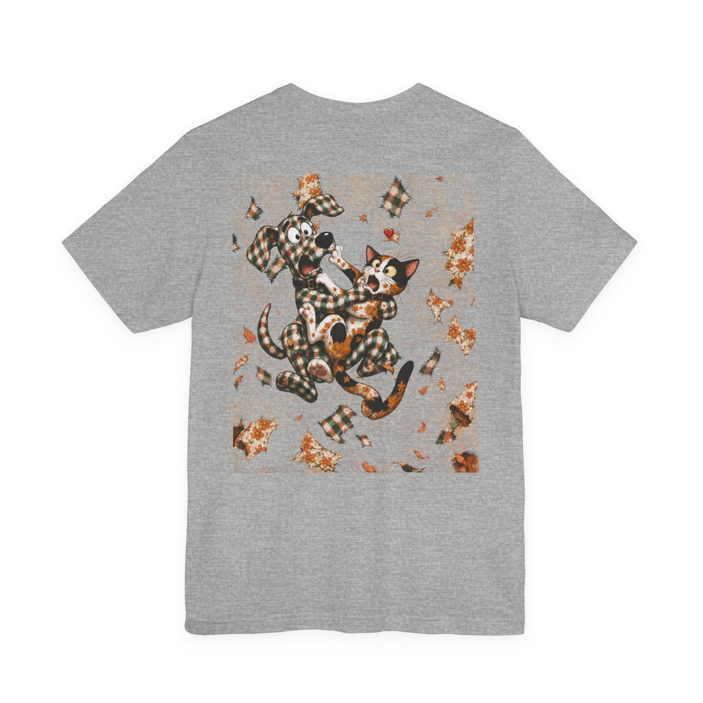 Gingham Dog & Calico Cat Tee — Plaid Pet Illustration T-Shirt