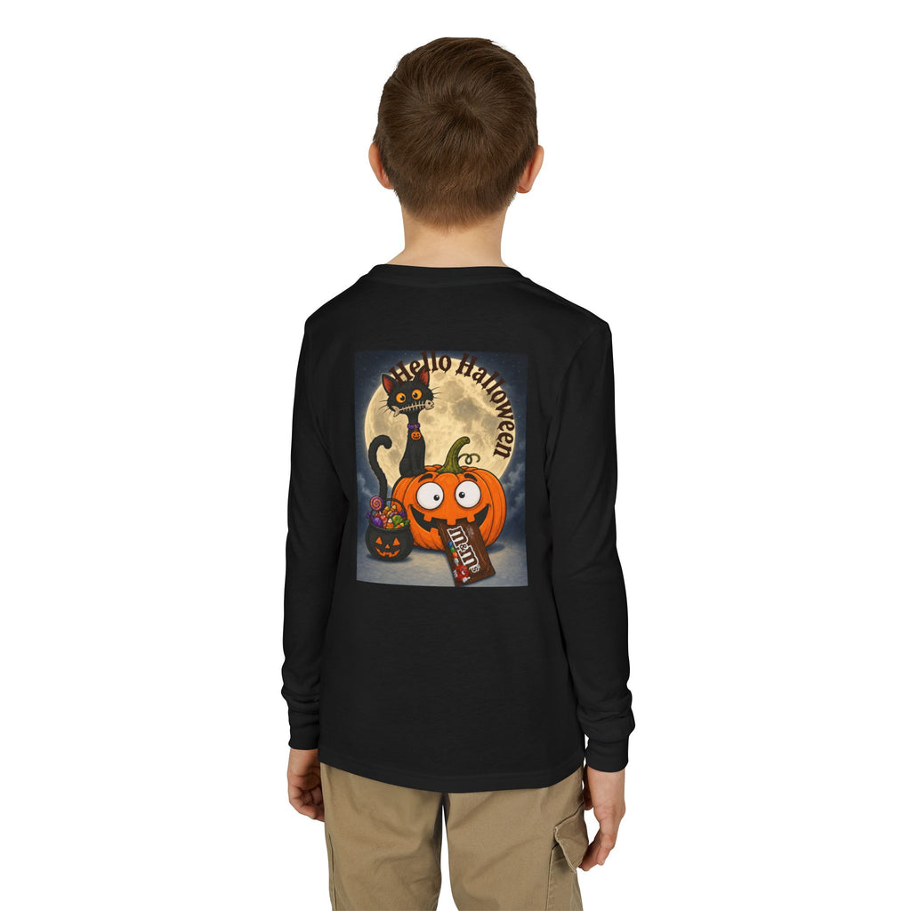 Kids' Halloween Long Sleeve Tee — 'Trick or Treat' Black Cat & Pumpkin Design