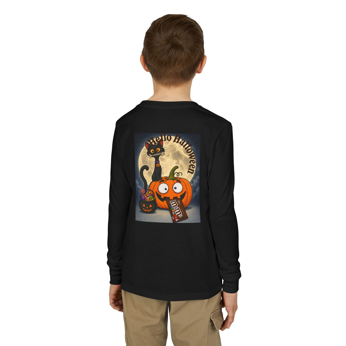 Kids' Halloween Long Sleeve Tee — 'Trick or Treat' Black Cat & Pumpkin Design