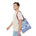Nassau Blue Coastal Toile Tote Bag — Nautical Bahama / Palm Beach Scene All-Over Print