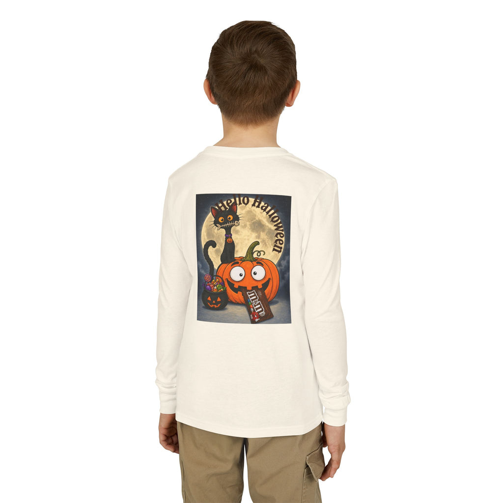 Kids' Halloween Long Sleeve Tee — 'Trick or Treat' Black Cat & Pumpkin Design