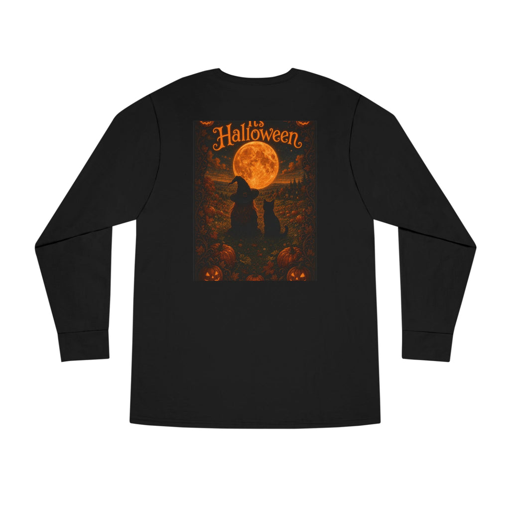 Halloween Cat Long Sleeve Tee — 'Hello Halloween' Jack-O'-Lantern Graphic