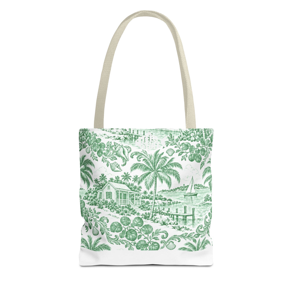 Green Coastal Toile Tote Bag- Palm Trees & Island Houses