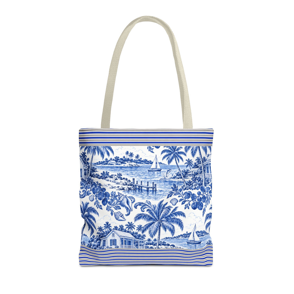 Nassau Blue Coastal Toile Tote Bag — Nautical Bahama / Palm Beach Scene All-Over Print