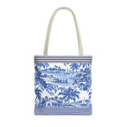 Nassau Blue Coastal Toile Tote Bag — Nautical Bahama / Palm Beach Scene All-Over Print