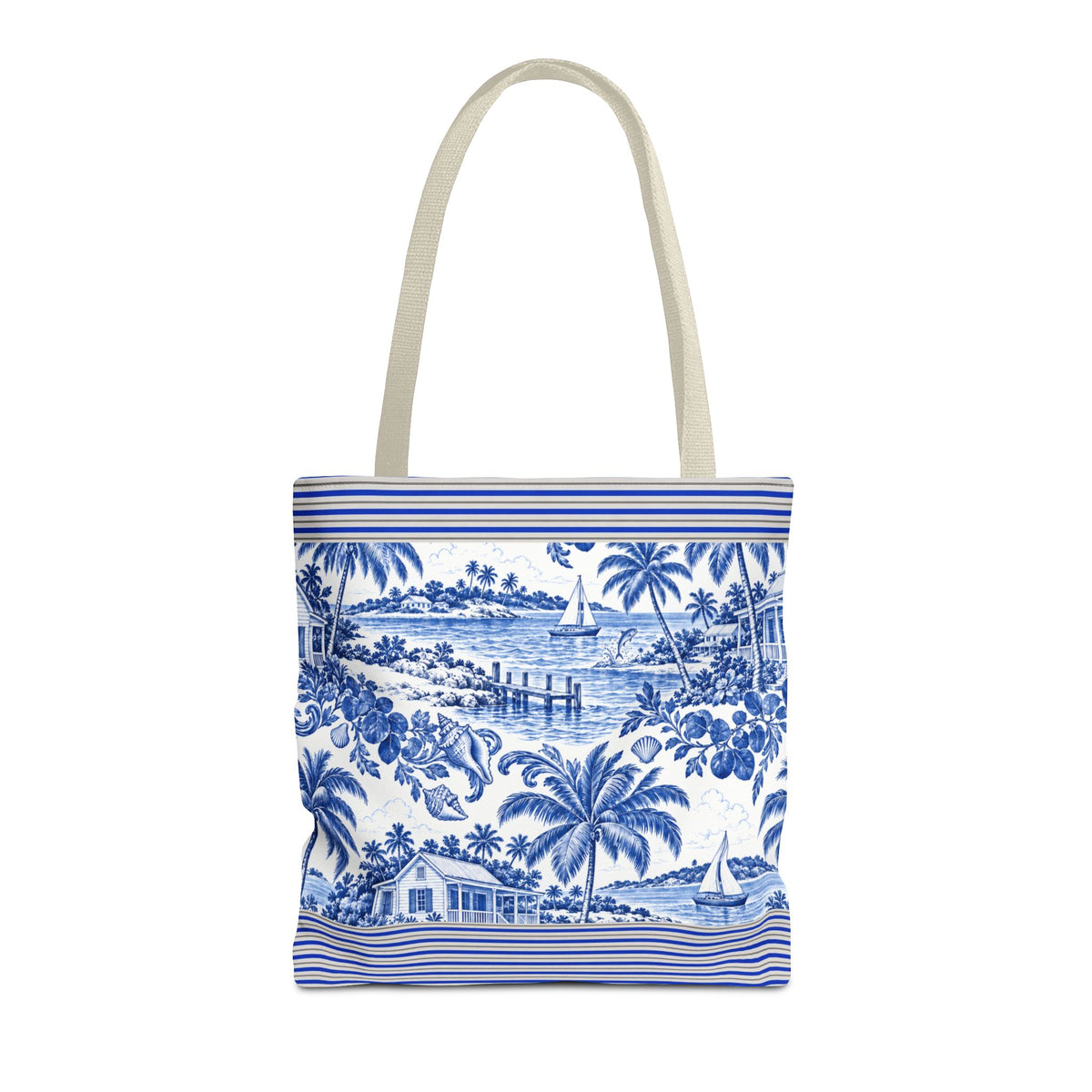 Nassau Blue Coastal Toile Tote Bag — Nautical Bahama / Palm Beach Scene All-Over Print