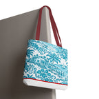 Turquoise coastal Toile Tote Bag- Palm Trees & Island Houses.