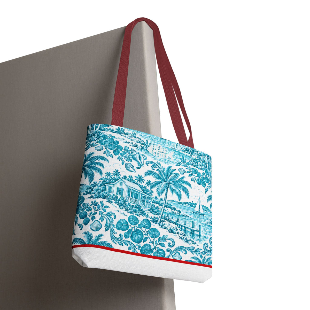 Turquoise coastal Toile Tote Bag- Palm Trees & Island Houses.
