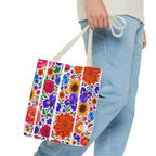 Floral Stripe Tote Bag — Bright Mexican Folk Art Flowers AOP