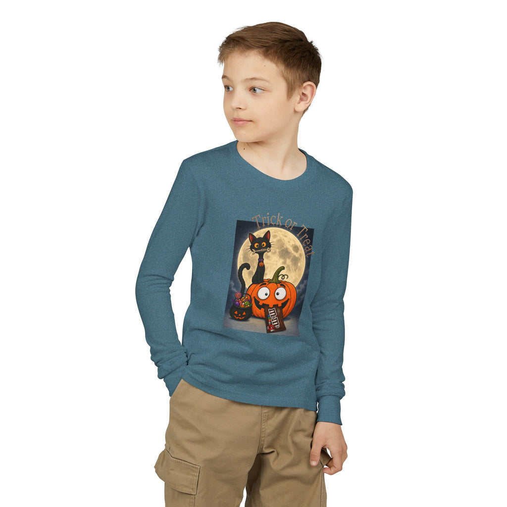 Kids' Halloween Long Sleeve Tee — 'Trick or Treat' Black Cat & Pumpkin Design