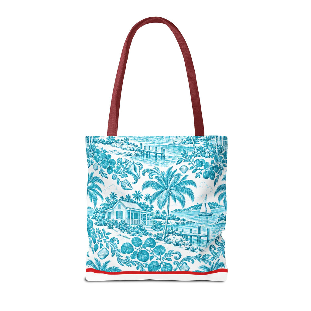 Turquoise coastal Toile Tote Bag- Palm Trees & Island Houses.