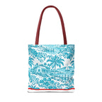 Turquoise coastal Toile Tote Bag- Palm Trees & Island Houses.