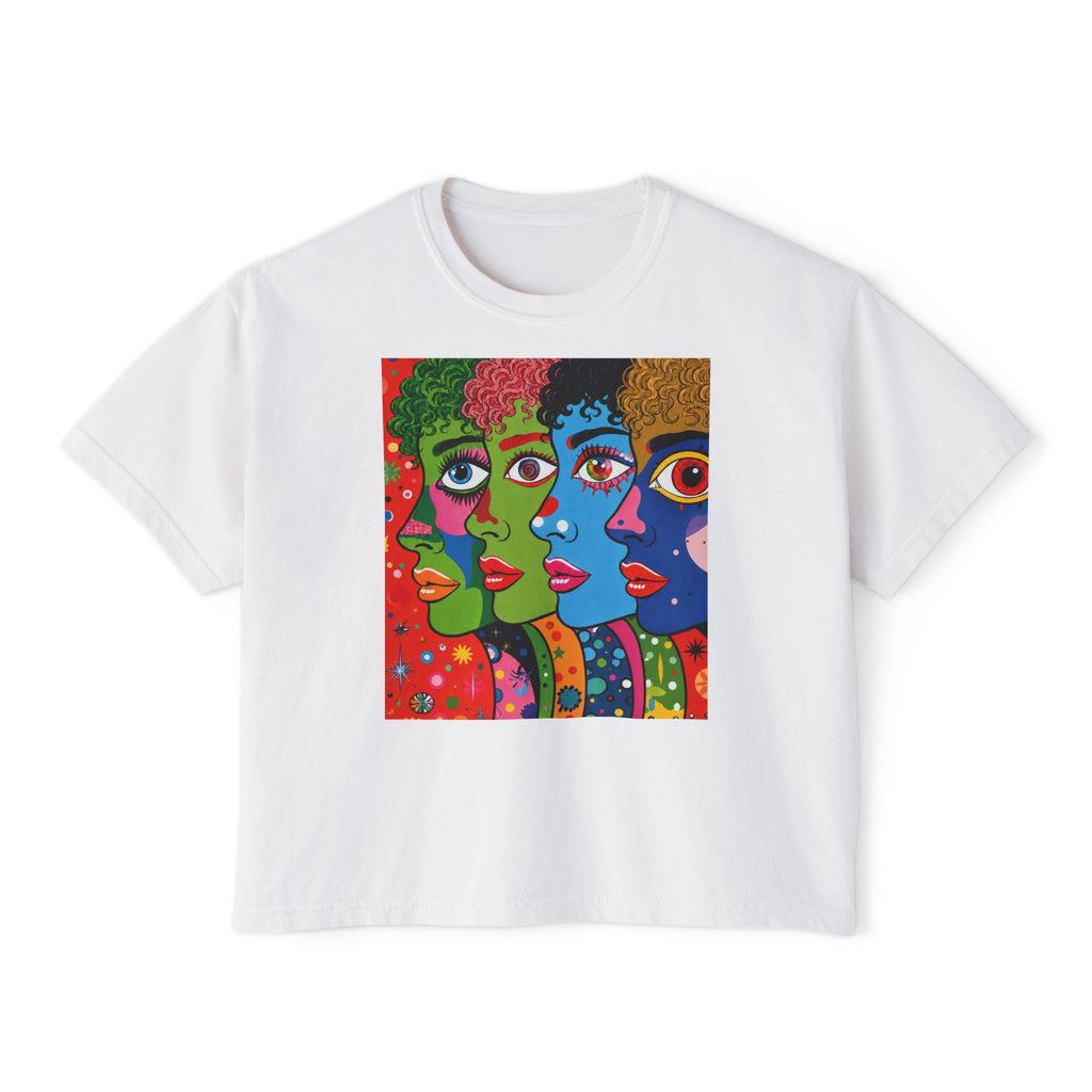 Women's Boxy Tee — Colorful Pop Art Faces Graphic Cropped T‑Shirt