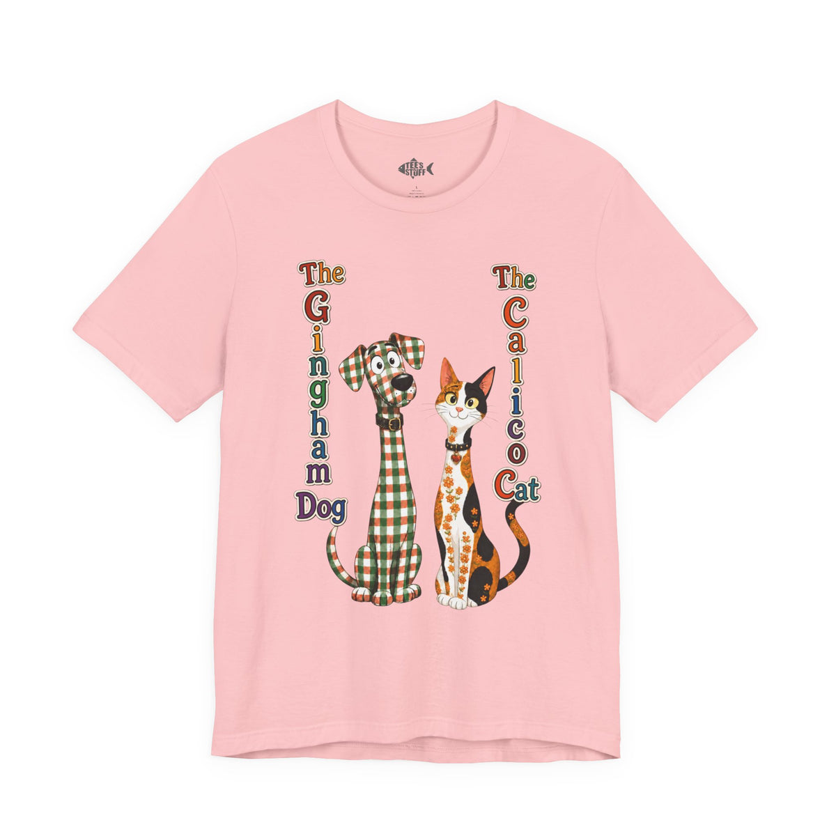 Gingham Dog & Calico Cat Tee — Plaid Pet Illustration T-Shirt