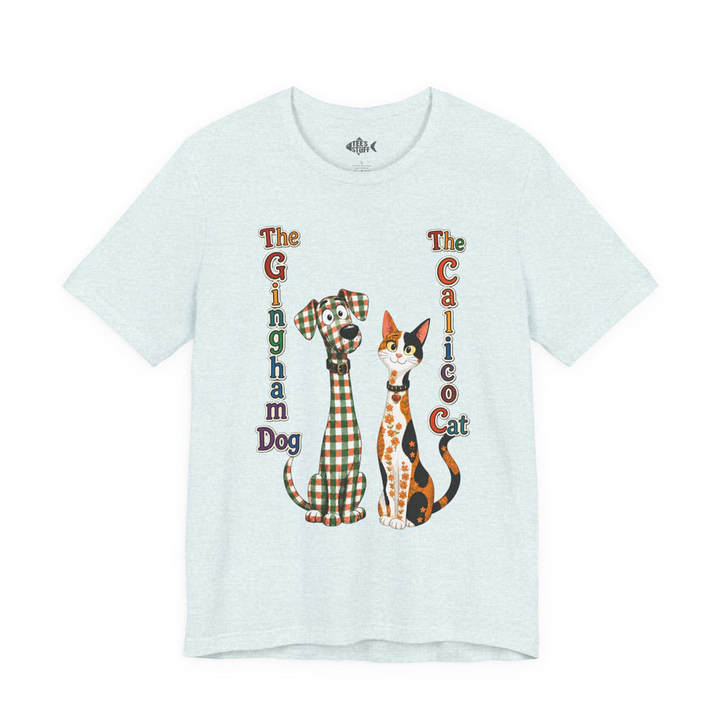 Gingham Dog & Calico Cat Tee — Plaid Pet Illustration T-Shirt
