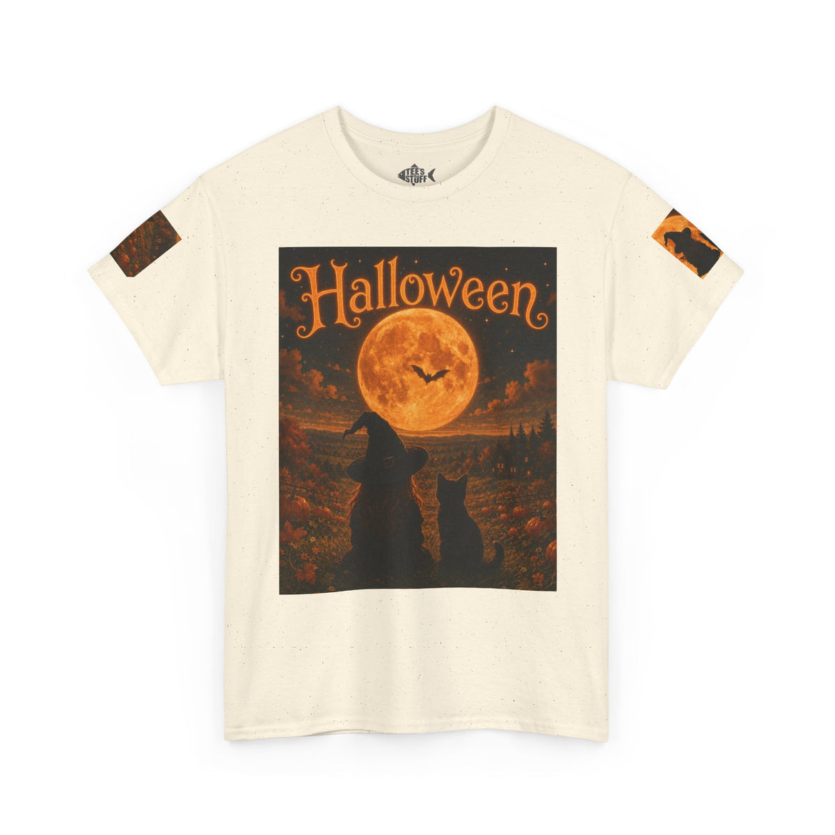 Halloween Graphic Tee — "It's Halloween" Witch & Cat Moon Design